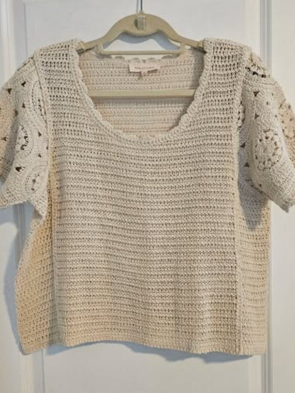 Solitaire Crochet Knit Top Cream Boho Short Sleeve Size Large